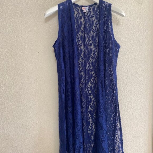 Lularoe Sleeveless Lace Joy Vest Navy Duster Cardigan  Side Slits Boho Sz M - Picture 4 of 8